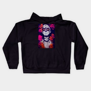 Dia de Los Muertos, Day of the Dead Catrina with pink and orange flowers Kids Hoodie